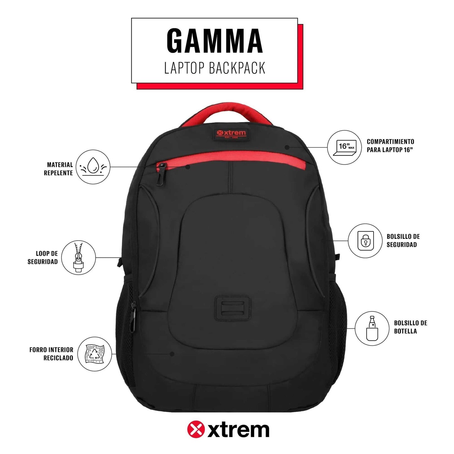 Morral para laptop 16" Gamma negro/rojo - Mundobags